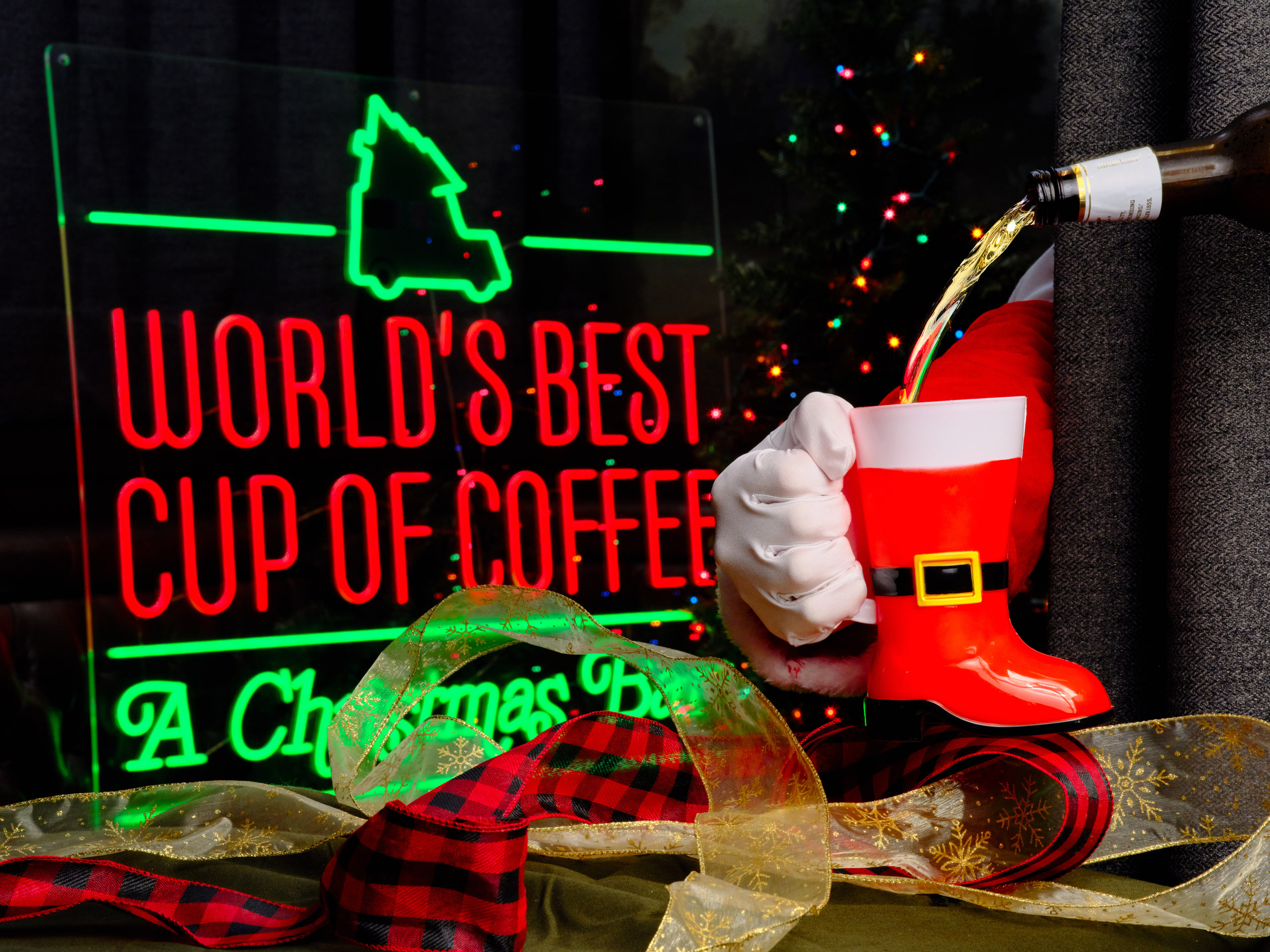 Neon and a santa boot, commits to the joke.