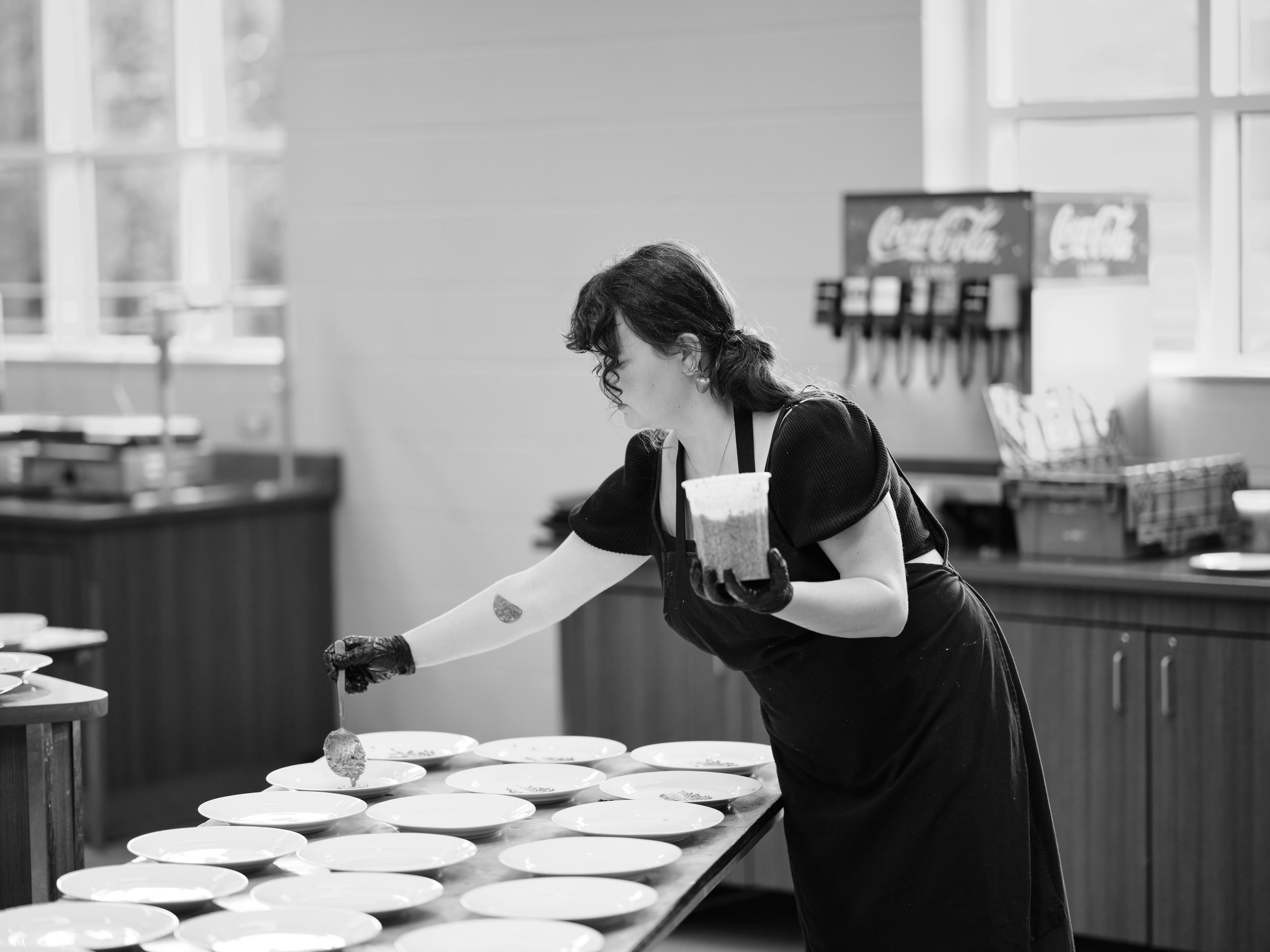 Chef plating, b&w, working.