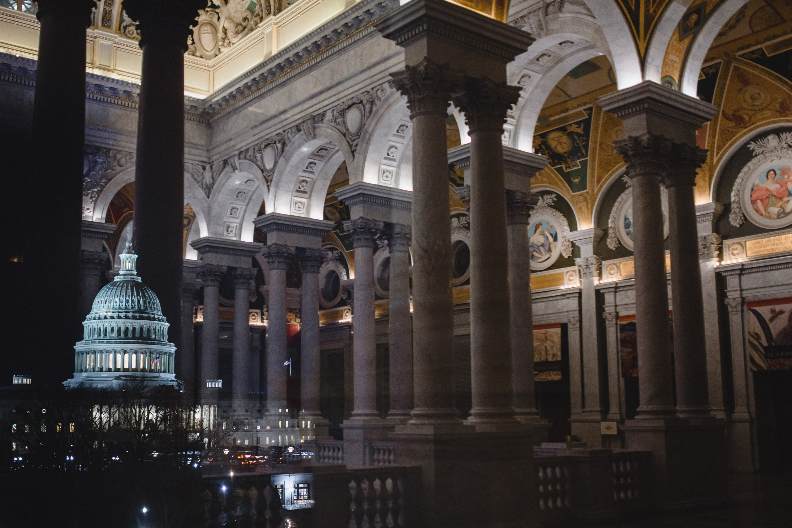 Capitol at night and the columns, color at a conference in Washington, DC.