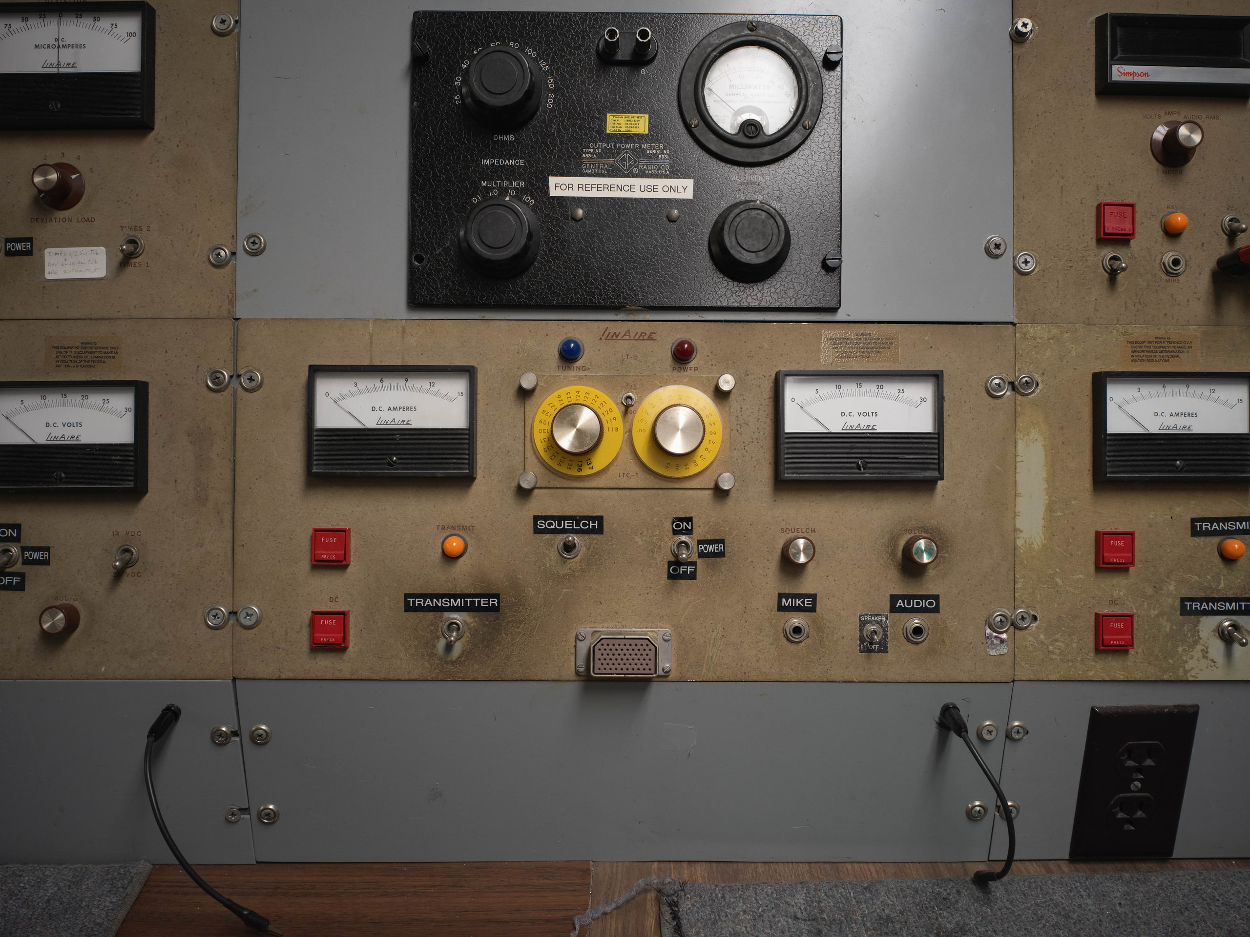 Avionics test bench, gauges and dials, detail at an aviation maintenance company.